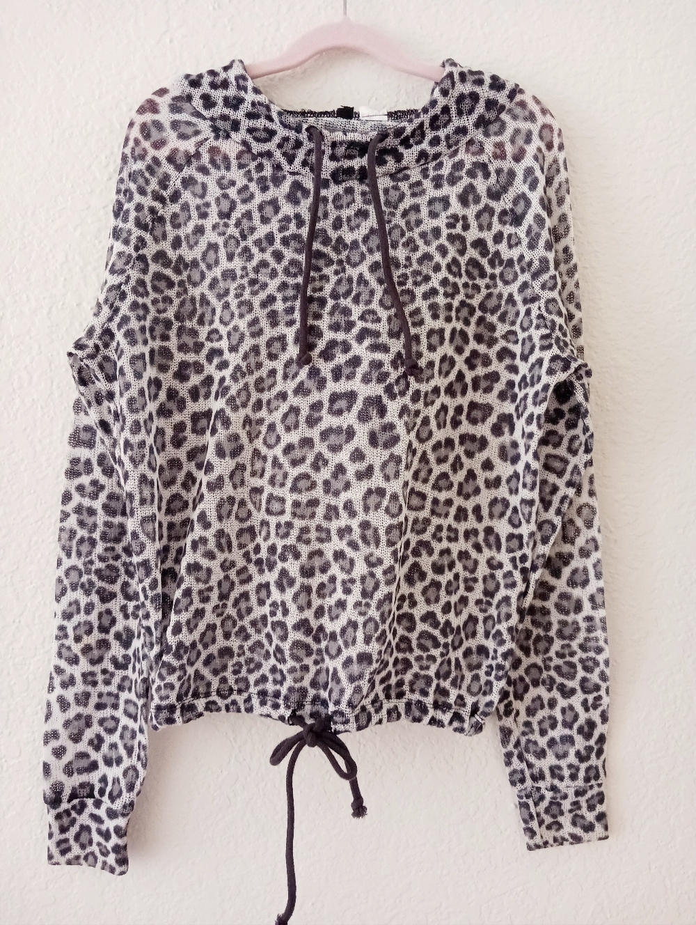 90s Vintage Leopard Print Mesh Hoodie Top In Black and White
